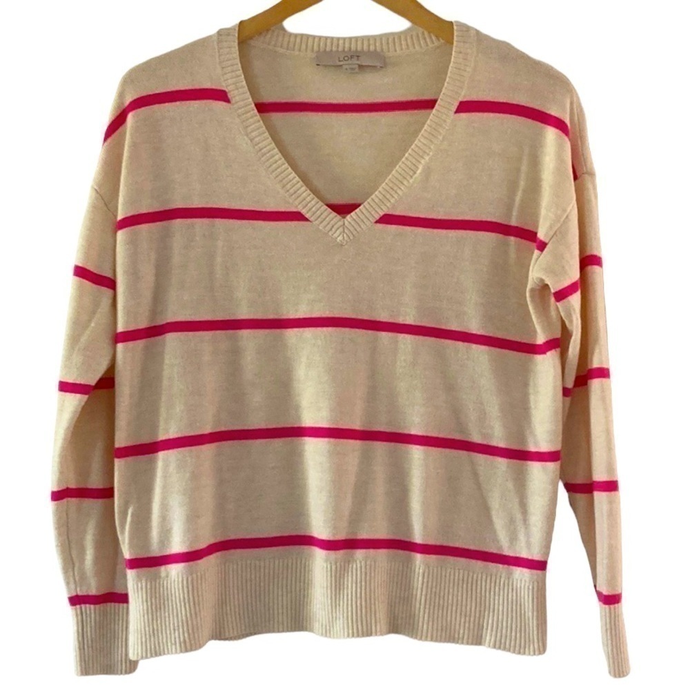 LOFT small v-neck sweater lightweight pink stripes